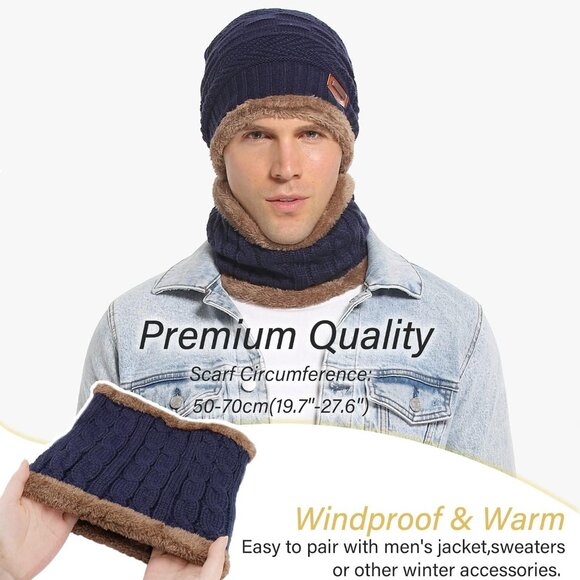 🆕 Men Blue Fleece Lined Winter Cap Beanie Scarf Set Knit Neck Warmer Nice Hat - Picture 5 of 6